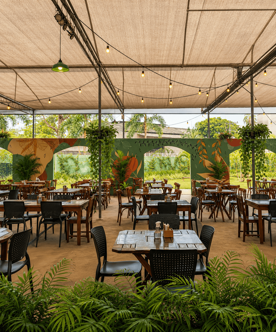 Salão do Café das Acácias sob toldo, com mesas de madeira, plantas e murais botânicos abertos para o jardim