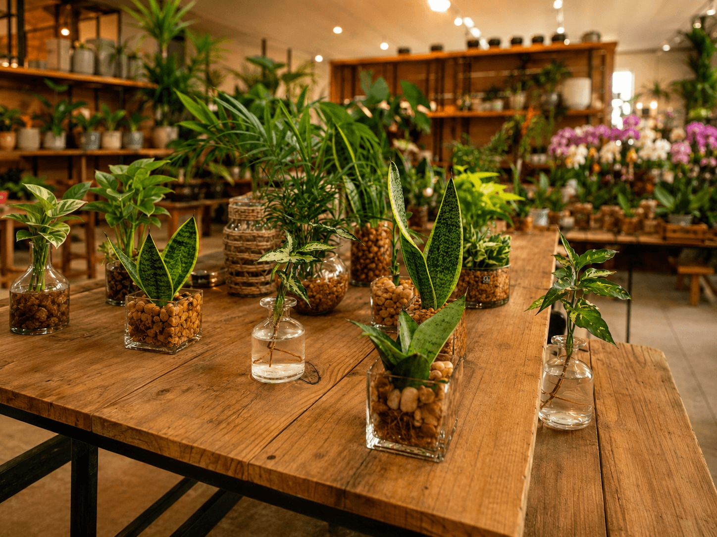 Arranjos e mini plantas em vasos de vidro sobre mesa de madeira, da Coleção do Horto das Acácias