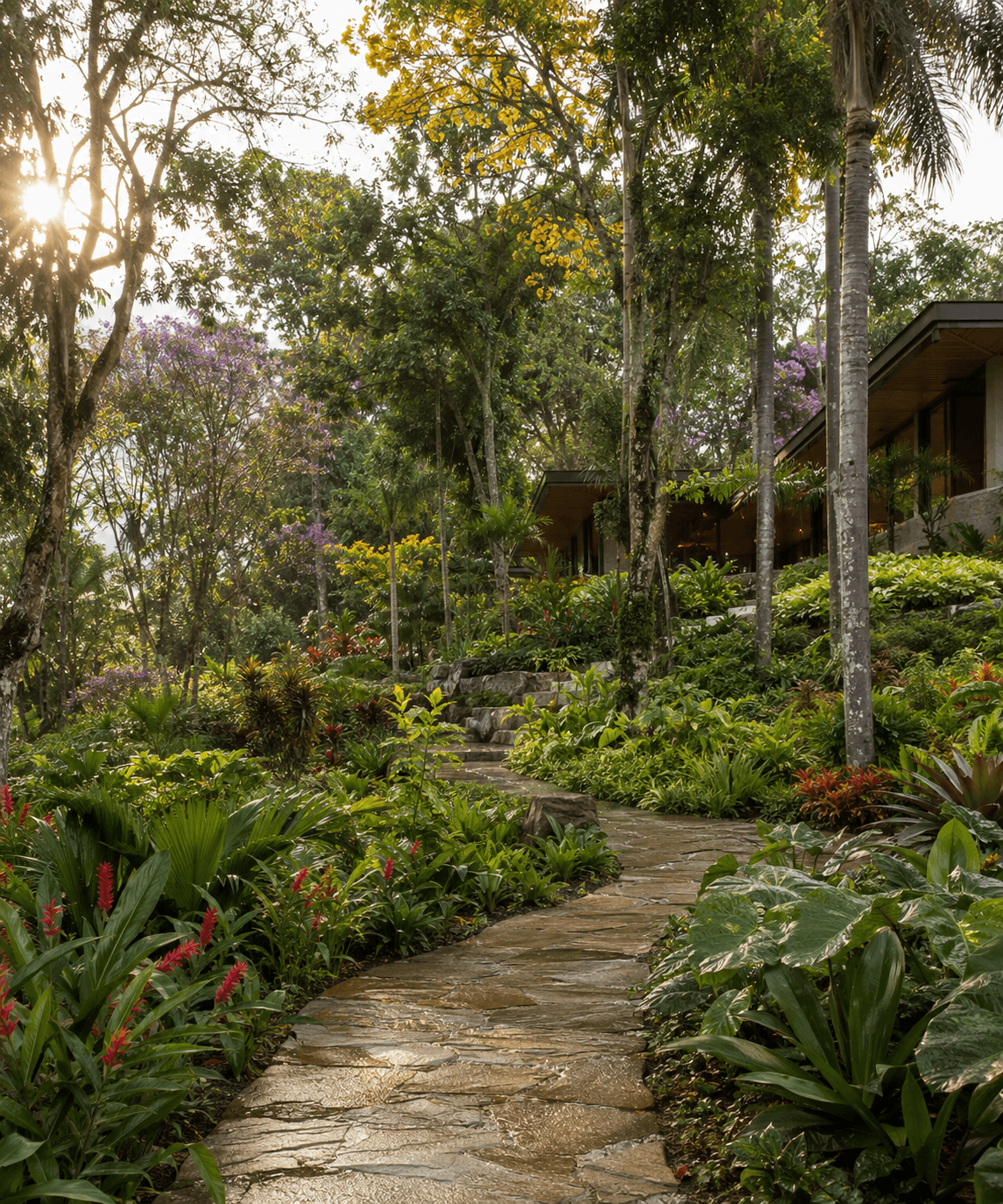 Jardim paisagístico com caminho de pedras entre plantas tropicais e árvores floridas, projeto do Garden Help do Horto das Acácias